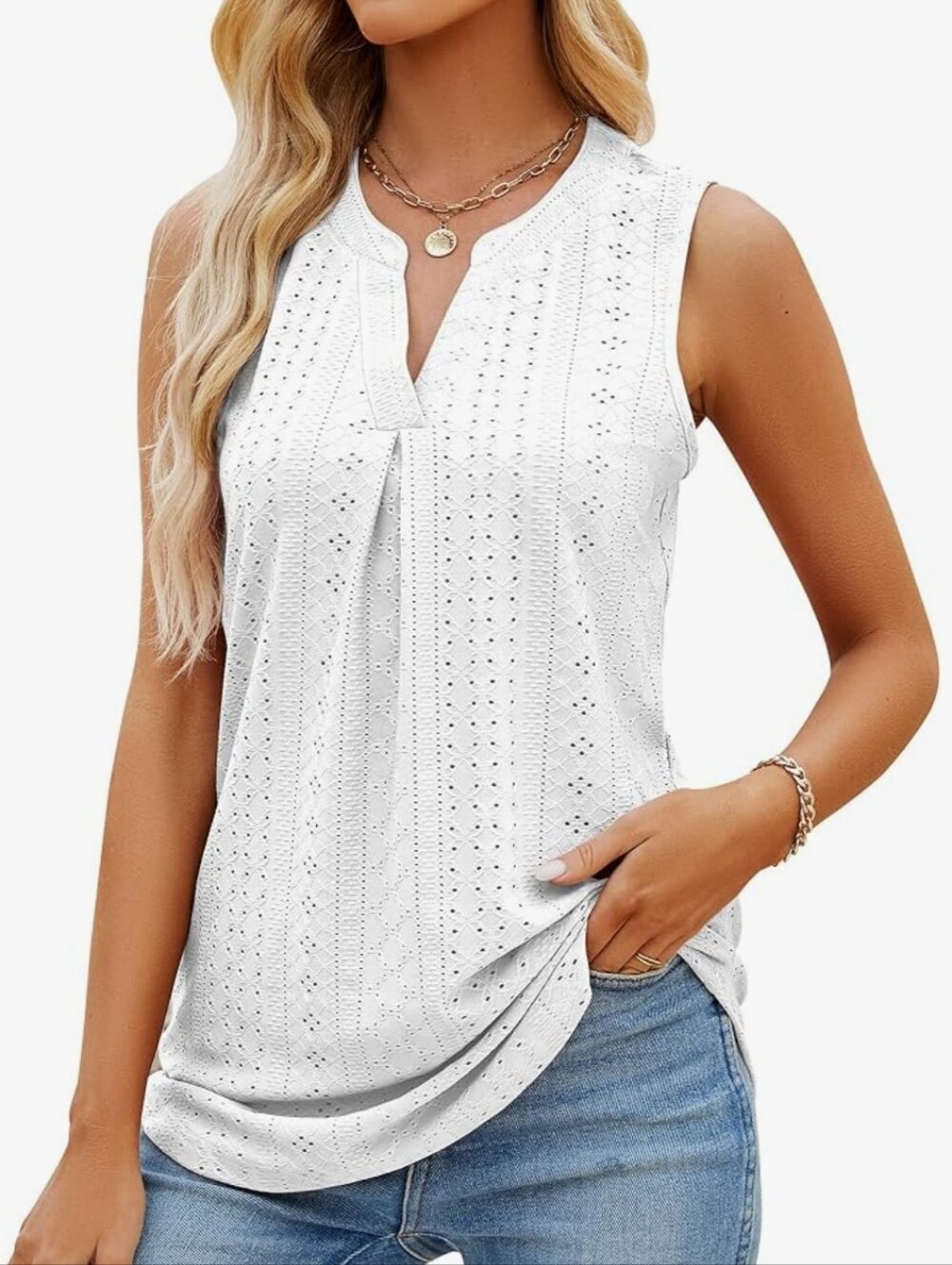Women's Notch V Neck Sleeveless Summer Loose Casual Eyelet Blouses Shirts Tank